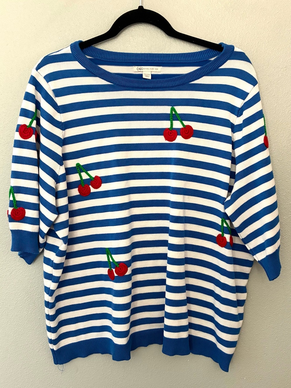 Cato Blue and White Striped Short Sleeve Tee with Red Cherry Embroidery